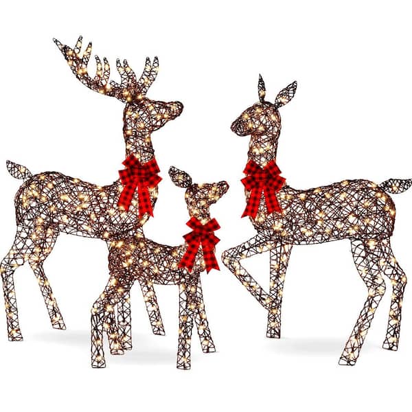 3-Piece 6. 5ft Rattan Lighted Christmas Deer Set Outdoor Yard Decoration w/ 385 LED Lights, Stakes
