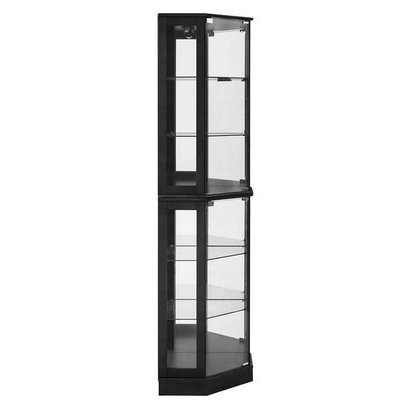 Black Wood Display Cabinet With Tempered Glass Doors and 3-Color LED Lights