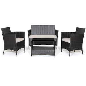 4-Piece Wicker Patio Conversation Set with Beige Soft Cushions and Tempered Glass Tabletop
