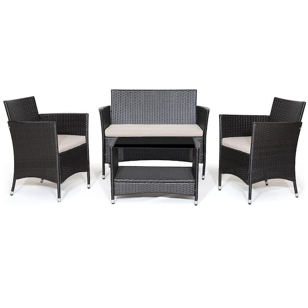 ANGELES HOME 4-Piece Wicker Patio Conversation Set with Beige Soft Cushions and Tempered Glass Tabletop