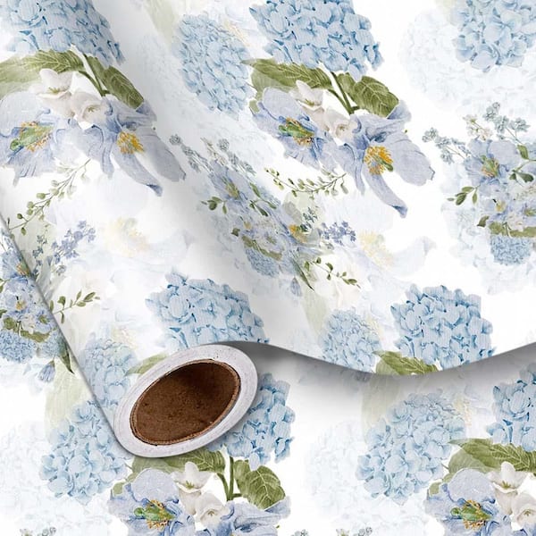 Floral Wrapping Paper Roll Blue Hydrangea Flowers Party Gift Wrap 17 in. x 16.4 ft. for Wedding, Birthday