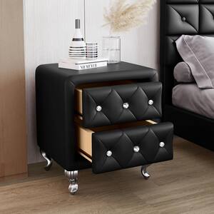 Black 2-Drawers PU Nightstand Bedside Table with Crystal Handle and Metal Legs for Bedroom
