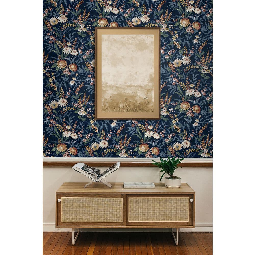 Navy Blue Vinyl Floral Peel and Stick Wallpaper Roll