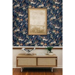 30.75 sq. ft. Navy Blue Vintage Floral Vinyl Peel and Stick Wallpaper Roll