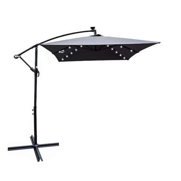 10 ft. Steel Cantilever Market Solar-Powered LED Lights Patio Umbrella in Anthracite with Crank Lift, Cross Base