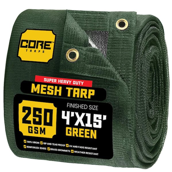 CORE TARPS 4 ft. W x 15 ft. L Green 250 GSM 7.5 oz. Heavy Duty Mesh Tarp, UV Resistant