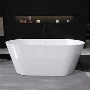 55 in. x 27.5 in. Oval Acrylic Freestanding Bathtub with Center Drain Flatbottom Free Standing Soaking Tub in White