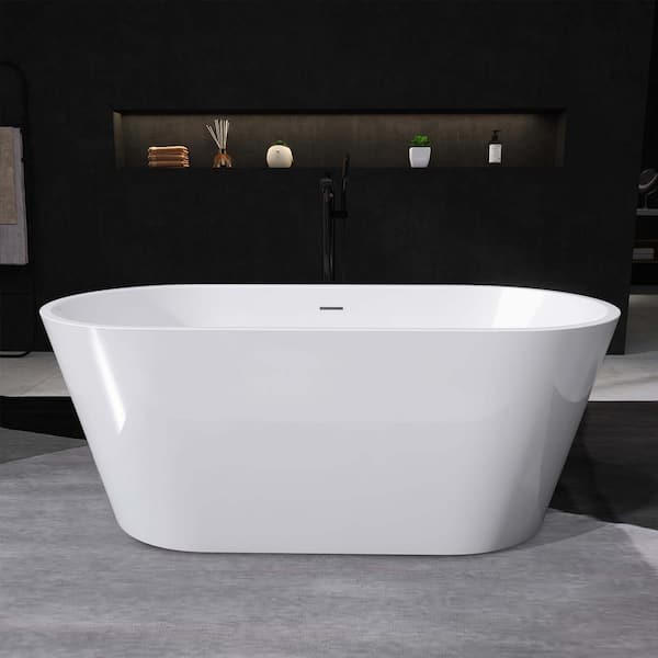 Getpro 55 in. x 27.5 in. Oval Acrylic Freestanding Bathtub with Center Drain Flatbottom Free Standing Soaking Tub in White