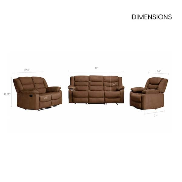 Ellesophas 3 Piece Fabric Brown Manual Reclining Sofa Set with Drop-Down Table and Cup Holders,Living Room Set HD-5104662106A