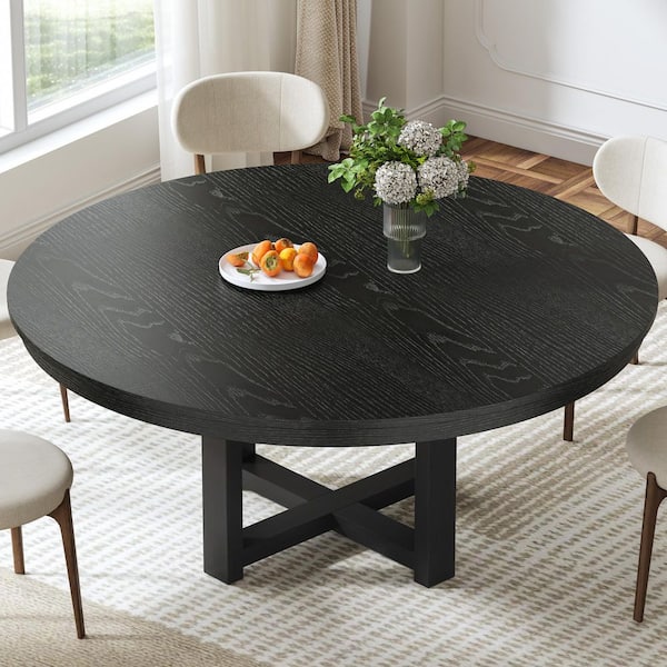 Dovelina Montauk Black Wood 60 in. Round Cross Legs Dining Table Kitchen Tables Seats 8