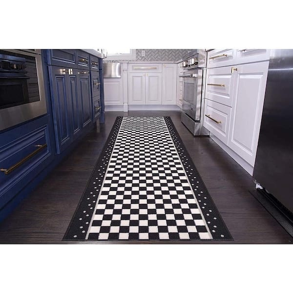 Checkered Roll Runner Cut to Size Black & White 26 " Width x Your Choice Length Custom Size Slip Resistant Stair Runner