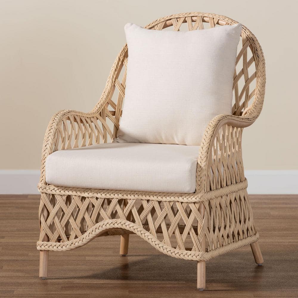 Handcrafted Natural Rattan Swoop Arm Accent Chair with Cushions