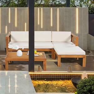 Beige 5-Piece Wood Outdoor Patio Sectional Sofa Seating Set with Cushions