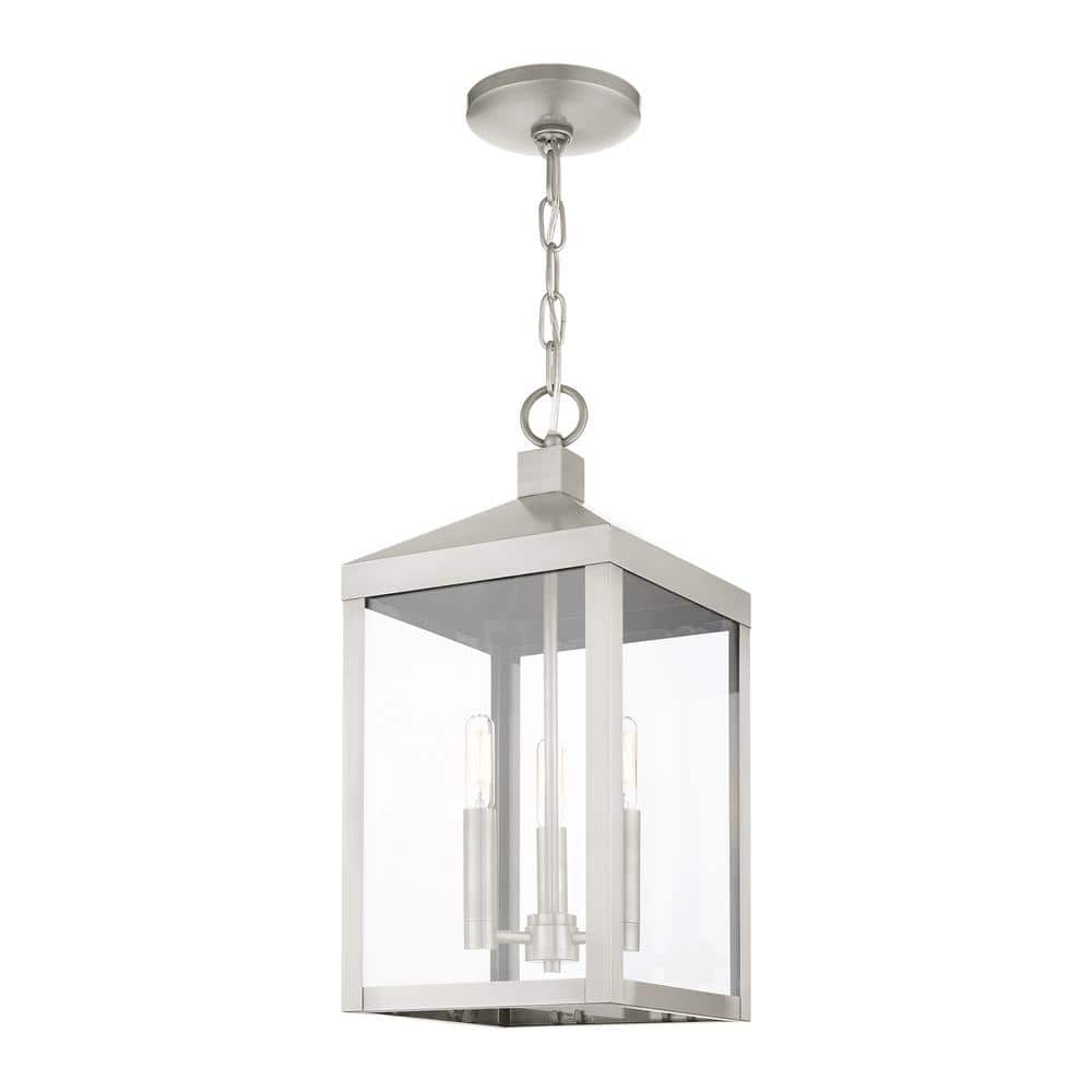 Brushed Nickel 3-Light Outdoor Pendant Lantern with Clear Glass