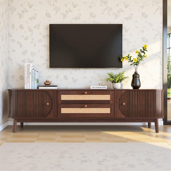 SPRUCE & SPRING Brown Rattan TV Stand for TVs Up to 75 in. Farmhouse Media Console, Entertainment Center with Solid Wood Legs,TV Cabinet