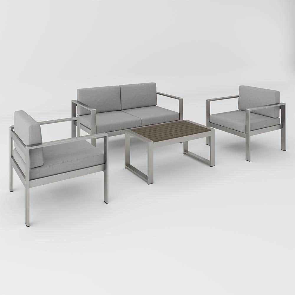 Silver Modern 4-Piece Aluminum Patio Conversation Set, Garden Outdoor Sofa 