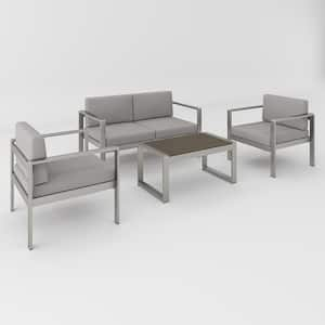 Silver Modern 4-Piece Aluminum Patio Conversation Set, Garden Outdoor Sofa Seating Group Set with Gray Cushions