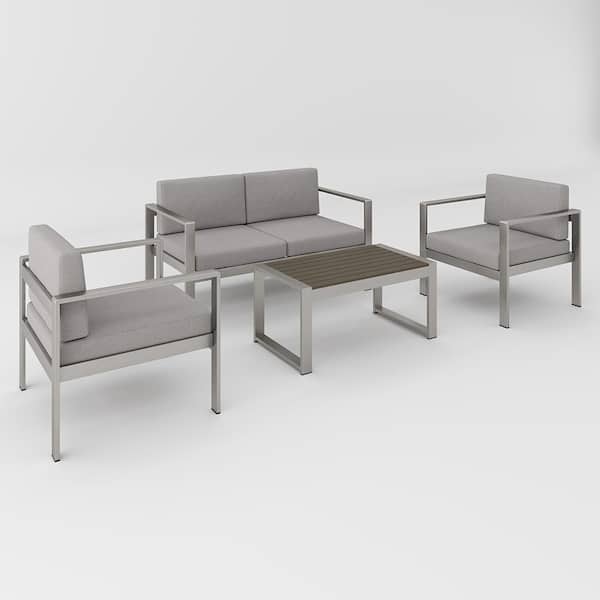BTMWAY Silver Modern 4-Piece Aluminum Patio Conversation Set, Garden Outdoor Sofa Seating Group Set with Gray Cushions