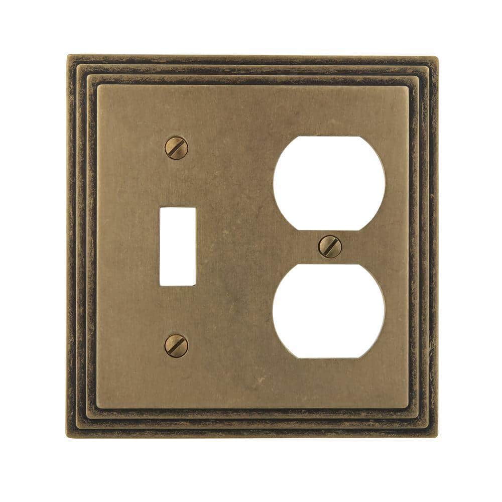 Rustic Brass 2-Gang Metal Wall Plate with Toggle and Duplex