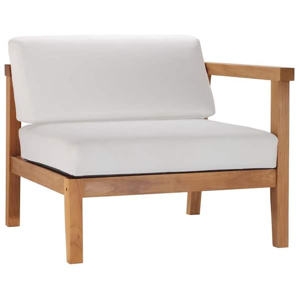 MODWAY Bayport Natural Teak Right-Arm Outdoor Lounge Chair with White Cushions