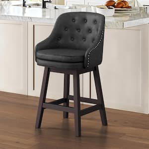 26 in. Black Faux Leather Swivel Barstool Solid Wood Frame Double Cushion Counter Height Bar Stool