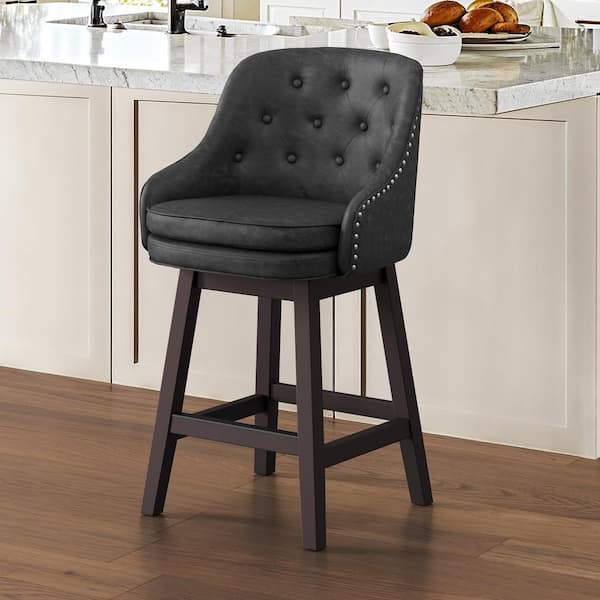 cozyman 26 in. Black Faux Leather Swivel Barstool Solid Wood Frame Double Cushion Counter Height Bar Stool
