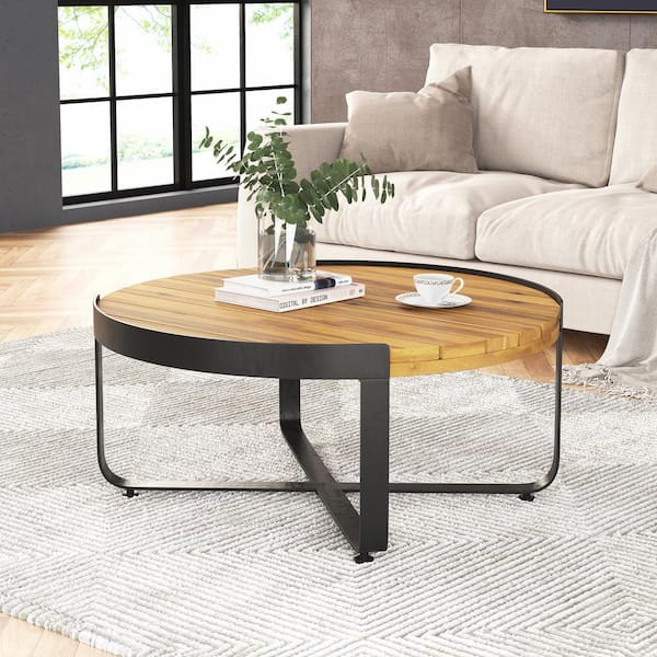 Noble House Eyre Teak Brown and Black Round Wood and Metal Patio Outdoor Coffee Table