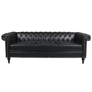83 in. W Rolled Arm Faux Leather Straight 3-seater Sofa in Black