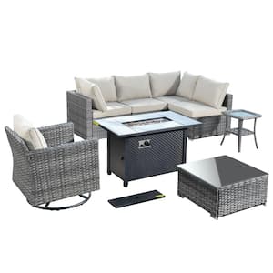 Messi Gray 8-Piece Wicker Outdoor Patio Conversation Sectional Sofa Fire Pit Set with a Swivel Chair and Beige Cushions