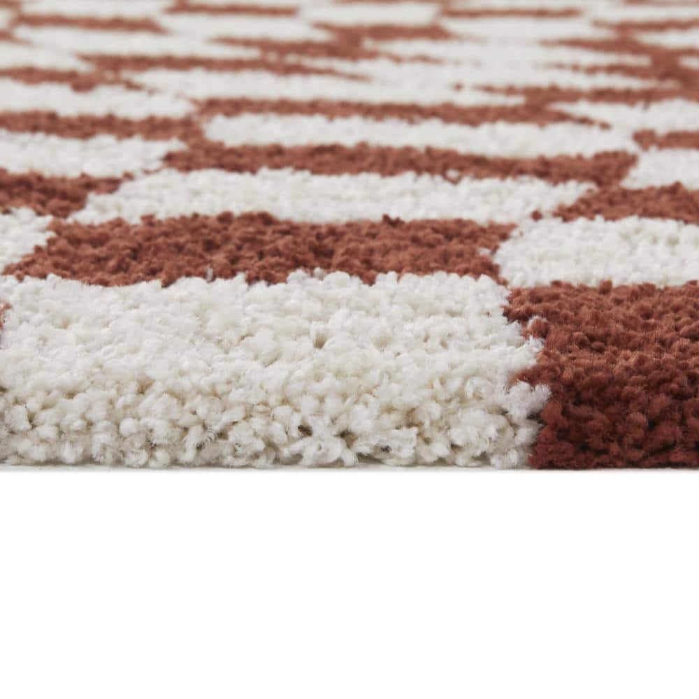 Rust and White Geometric Shag Area Rug for Kids 5'3" x 7'