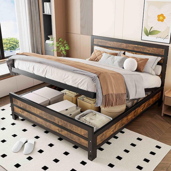 Black Metal Frame Queen Size Platform Bed with Underneath Storage