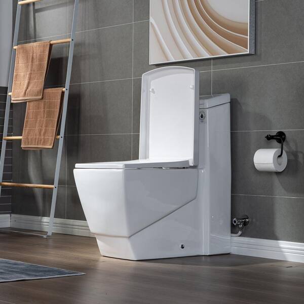 Prescott 1-Piece 1.0/1.6 GPF High Efficiency Square Elongated All-In One Toilet with Soft Closed Seat Included in White Prescott 1-Piece 1.0/1.6 GPF High Efficiency Square Elongated All-In One Toilet with Soft Closed Seat Included in White