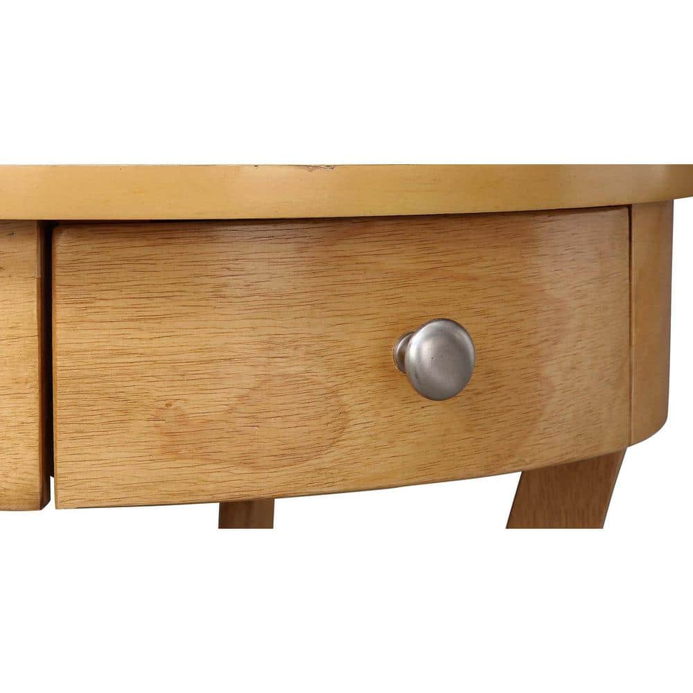Natural Round Wood End Table with Storage Drawer