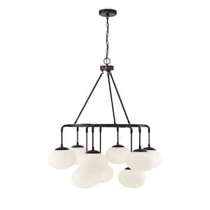 34 in. W x 38 in. H 9-Light Oil Rubbed Bronze Chandelier with Milk White Glass Shades