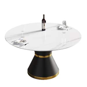 53.15 in. White Sintered Stone Round Tabletop Black Pedestal Base Kitchen Dining Table (Seats 6)