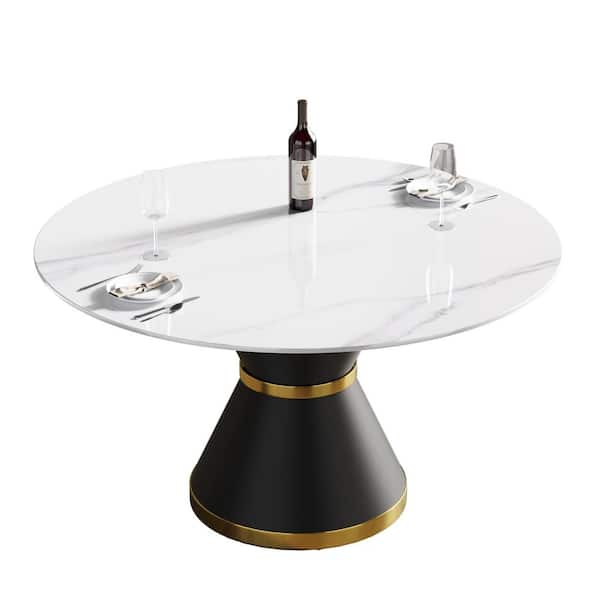 Magic Home 53.15 in. White Sintered Stone Round Tabletop Black Pedestal Base Kitchen Dining Table (Seats 6)