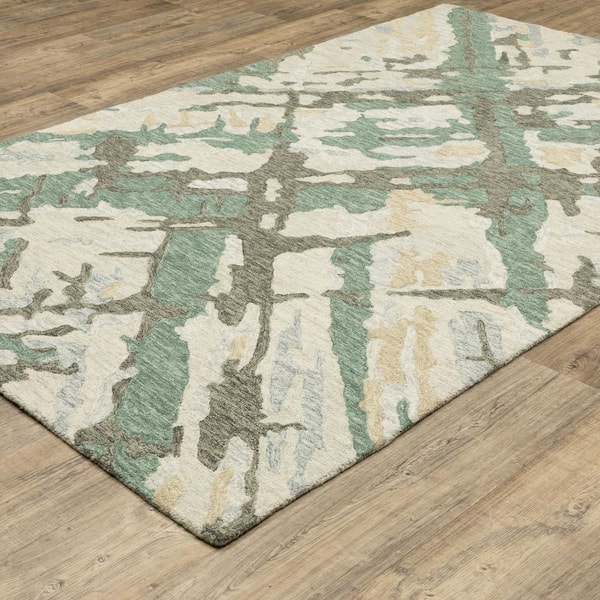 Keenan Gray/Teal 2 ft. x 8 ft. Abstract Contemporary Layered Wool Mixed-Pile Hand-Tufted Indoor Runner Area Rug