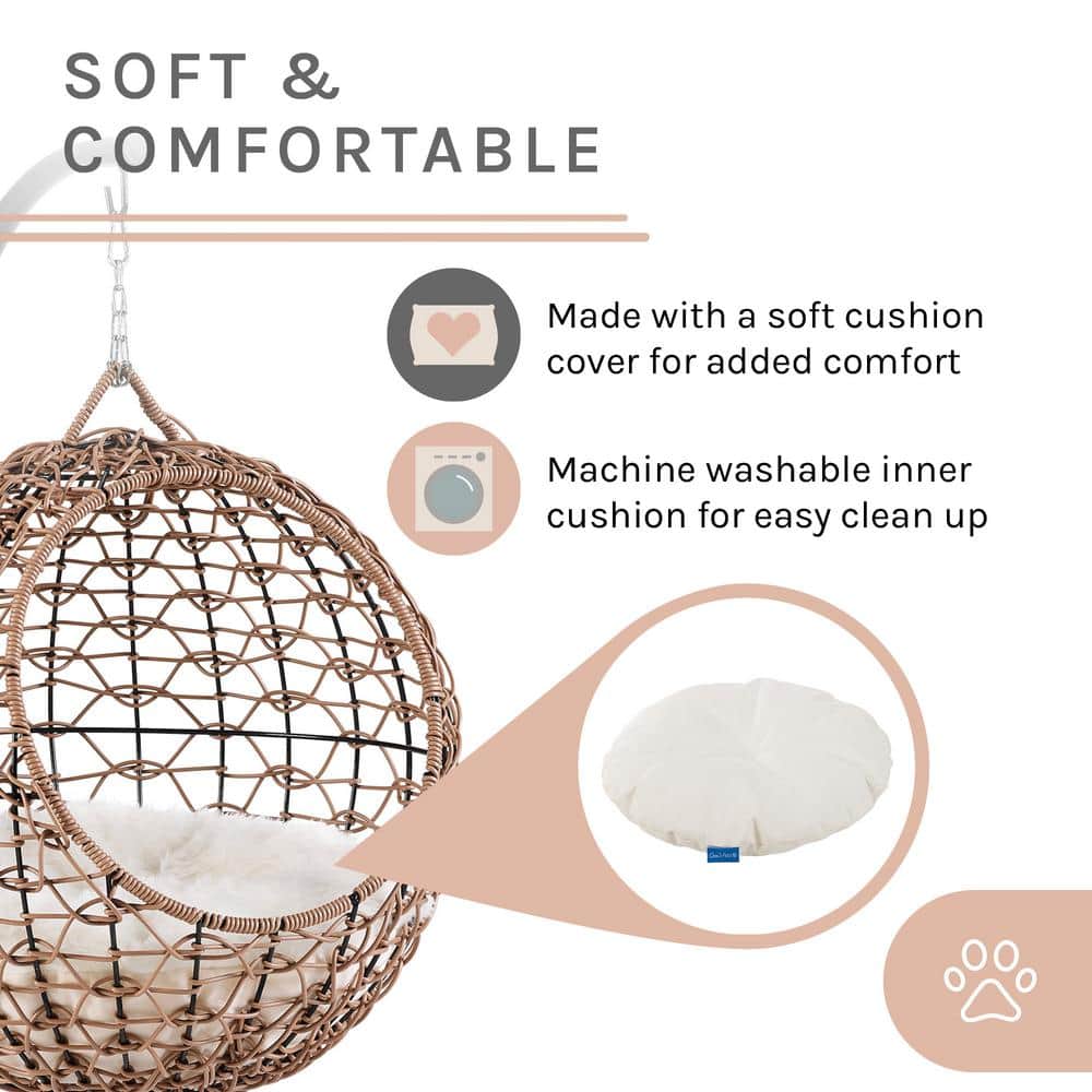 Medium Brown Rattan Hanging Egg Cat Condo with Cotton Cushion