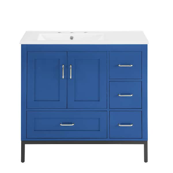 JimsMaison 36 in. W x 18 in. D x 33 in. H Single Sink Freestanding Bath Vanity in Blue with White Ceramic Top