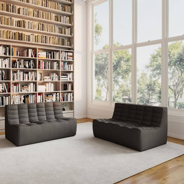Set of 2-Loveseat Armless 55.1 in. 2-Piece Linen Modular Sectional Sofa 2-Seater Fireside Lazy Floor Sofa Couch in Black