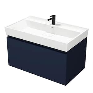 Sharp 31.5 in. W x 18.9 in. D x 22.9 in. H Modern Wall Mounted Bathroom Vanity in Night Blue with White Ceramic Top