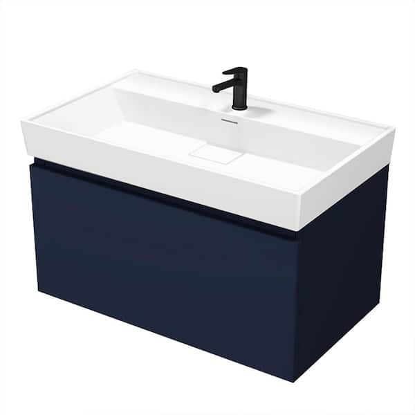 Nameeks Sharp 31.5 in. W x 18.9 in. D x 22.9 in. H Modern Wall Mounted Bathroom Vanity in Night Blue with White Ceramic Top