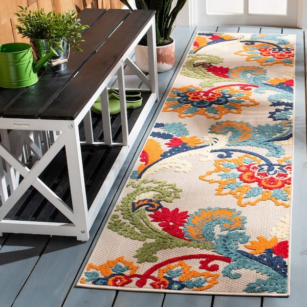 Cabana Ivory/Blue 2 ft. x 11 ft. Floral Scroll Indoor/Outdoor Runner Rug