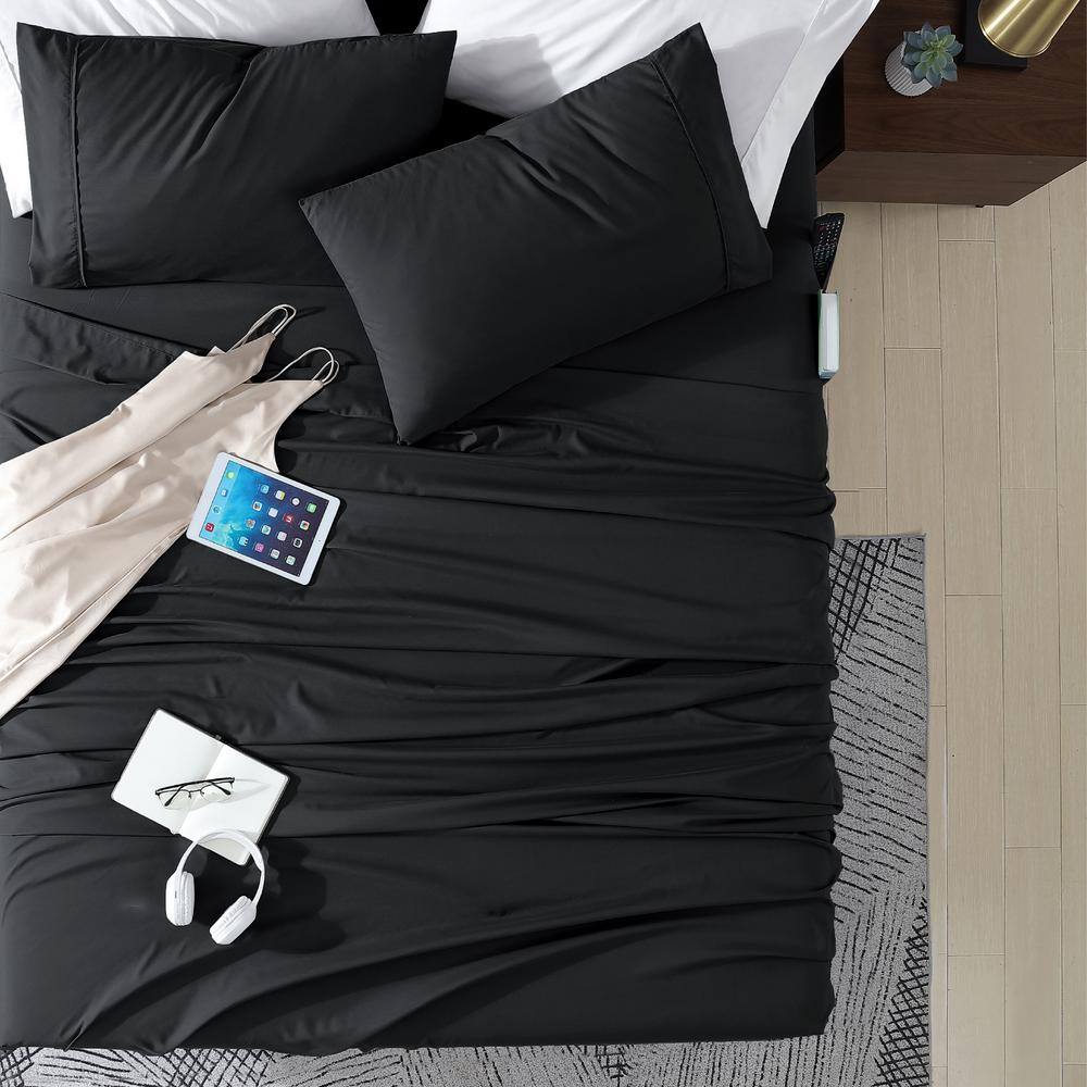 Black Full Microfiber 4-Piece Sheet Set with Storage Pockets