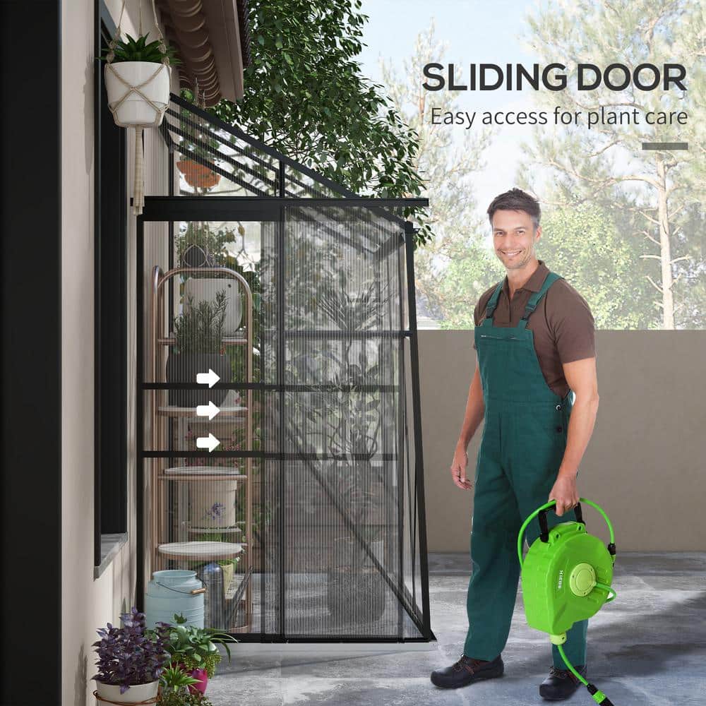 Outsunny Black Polycarbonate Lean-To Greenhouse with Sliding Door
