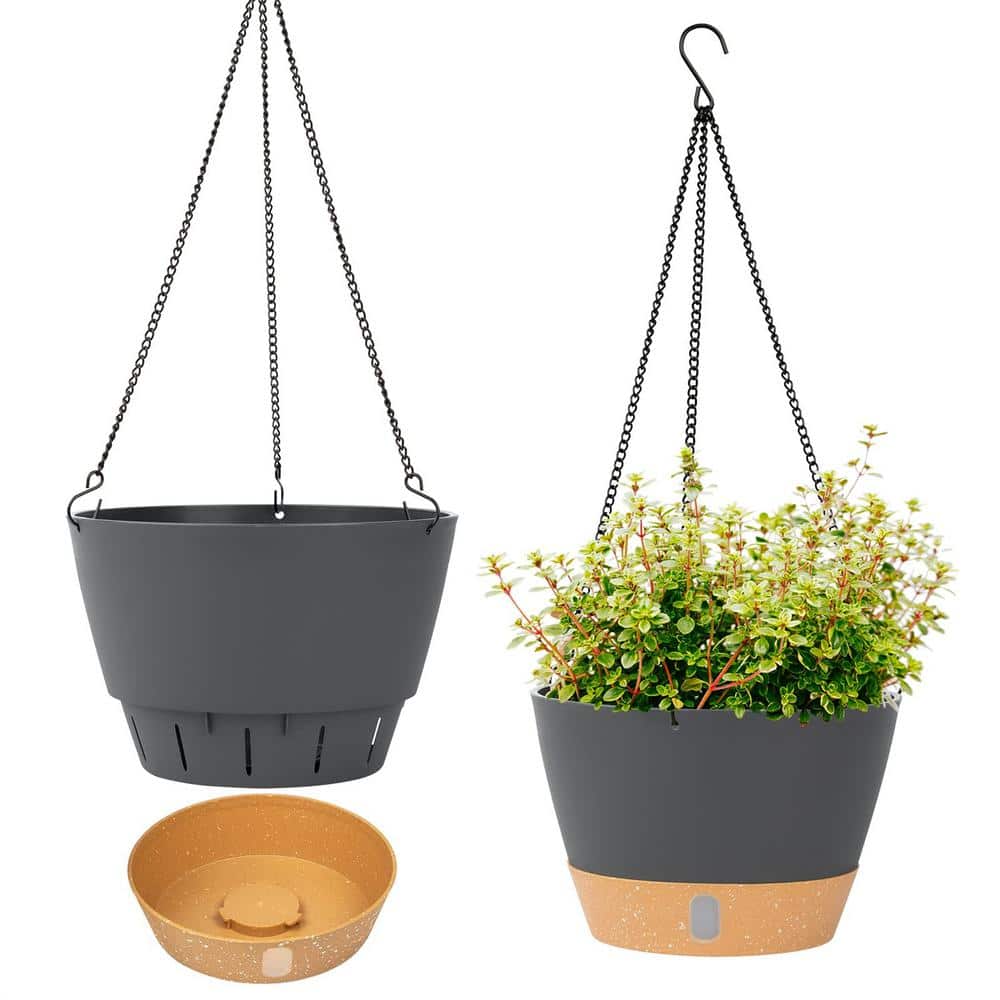 8 in. Dia Drak Gray Plastic Hanging Basket with Visible Water Level (2-Pack