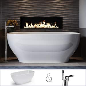 W-I-D-E Series Palisades 67 in. Acrylic Oval Freestanding Bathtub in White, Floor-Mount Square-Post Faucet in Nickel