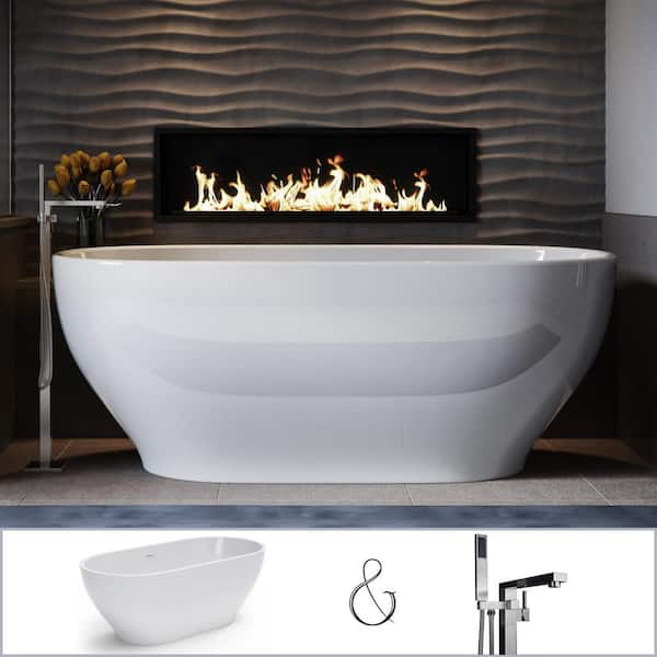 PELHAM & WHITE W-I-D-E Series Palisades 67 in. Acrylic Oval Freestanding Bathtub in White, Floor-Mount Square-Post Faucet in Nickel