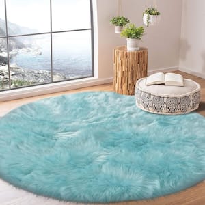 Sheepskin Faux Furry Light Blue Fluffy Rugs 6 ft. 6 in. Round Area Rug