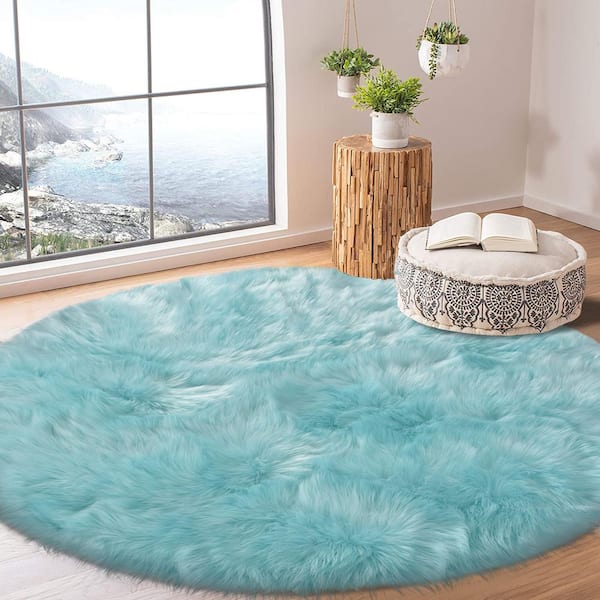 Sheepskin Faux Furry Light Blue Cozy Rugs 6 ft. x 6 ft. Round Area Rug